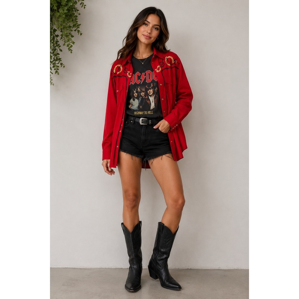 Ace of Diamond USA  Red Western Snap Shirt Horseshoe Embroidery Large